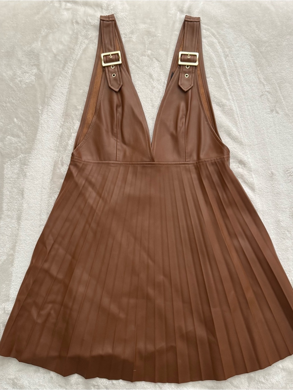 Brown Pleated Faux-Leather Pinafore Dress